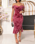 Women's Cold Shoulder Pearls Decor Strap Ruffle Midi Dress Cowl Neck Flocked Rose Slit Mermaid Bodycon Dress