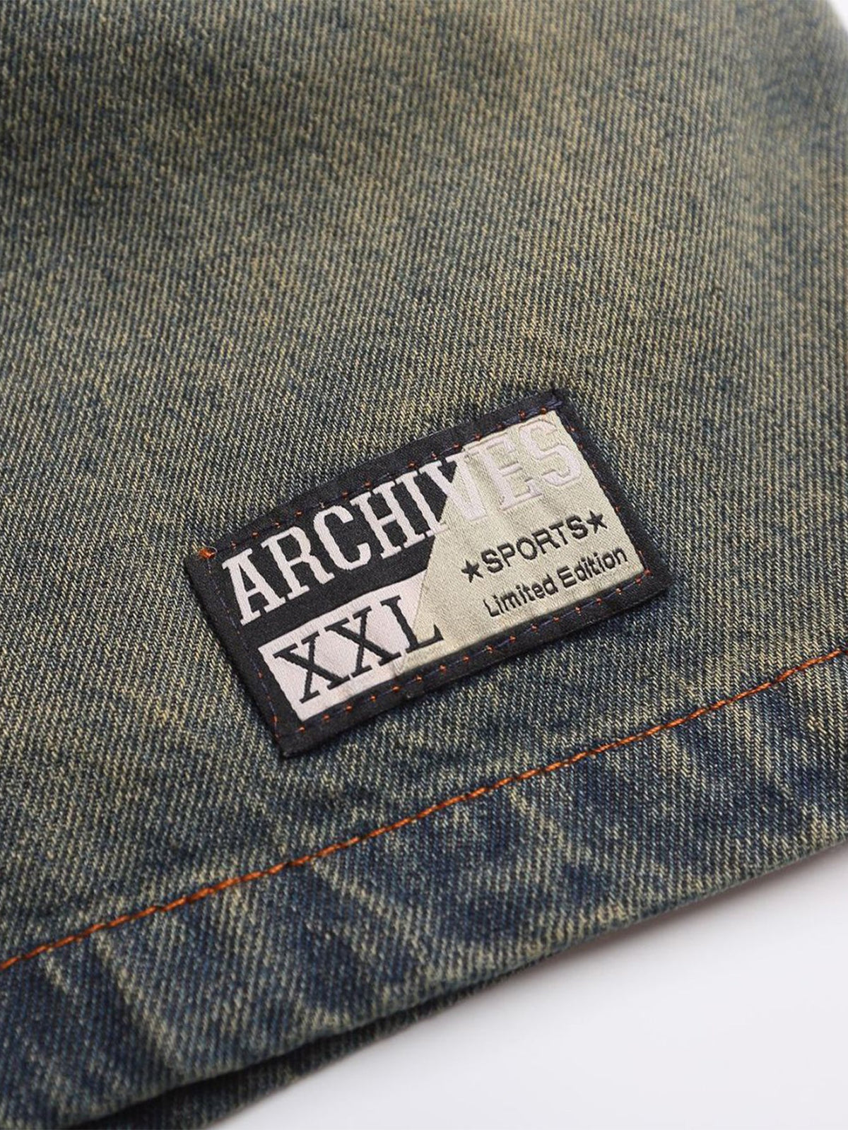 Oversize Brooklyn Embroidery Washed Distressed Denim Sweatshirt
