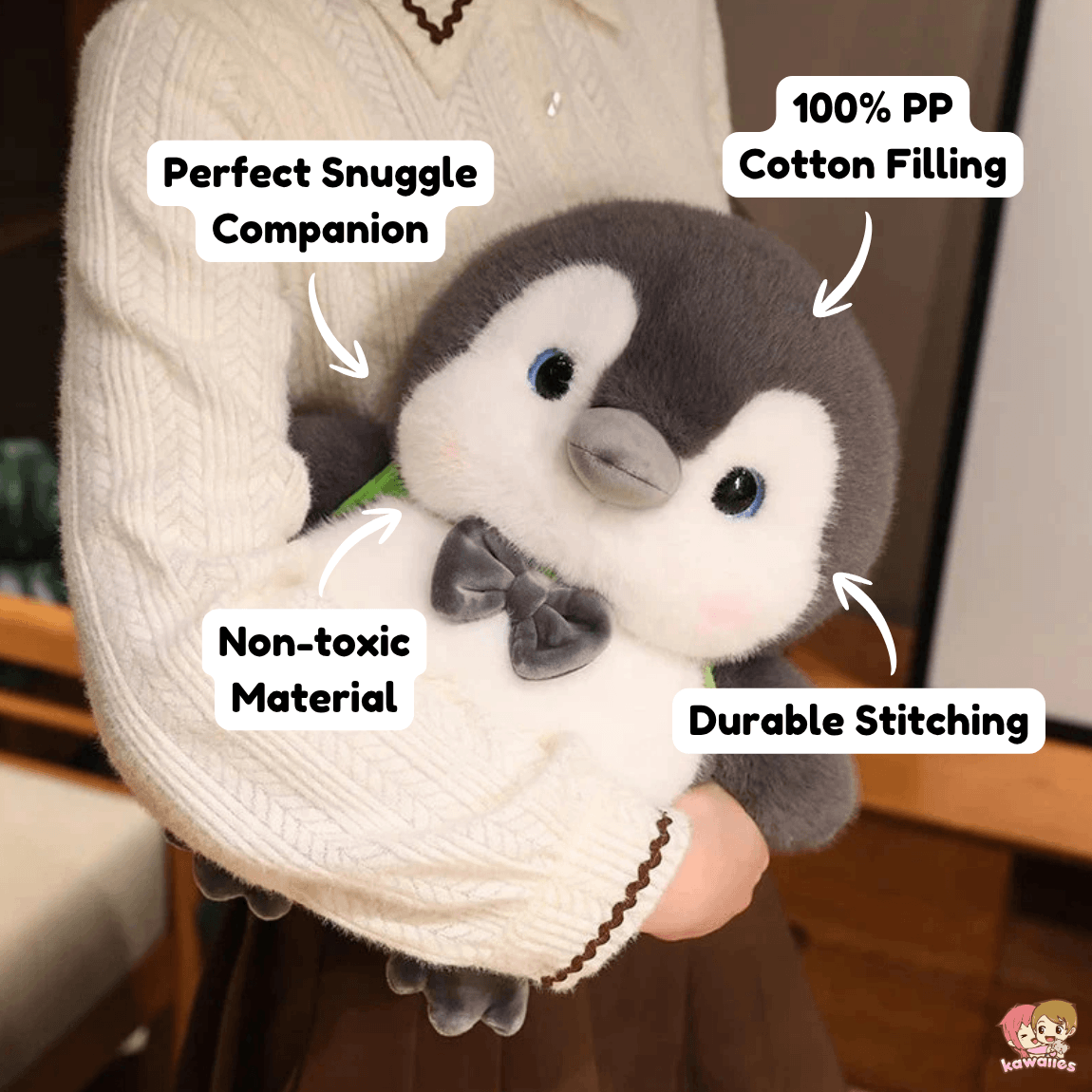 Fluffy Gray Penguin Plushie with Turtle Backpack