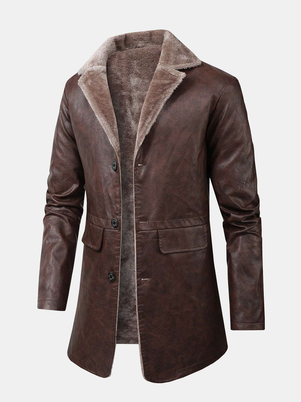 Faux Fur Lined Long Line PU Leather Coat