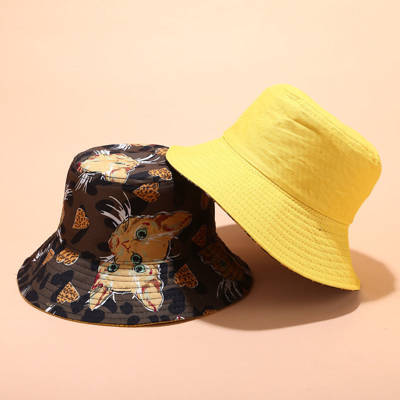 Cat Print Double-Sided Cotton Bucket Hat – Foldable, Unisex
