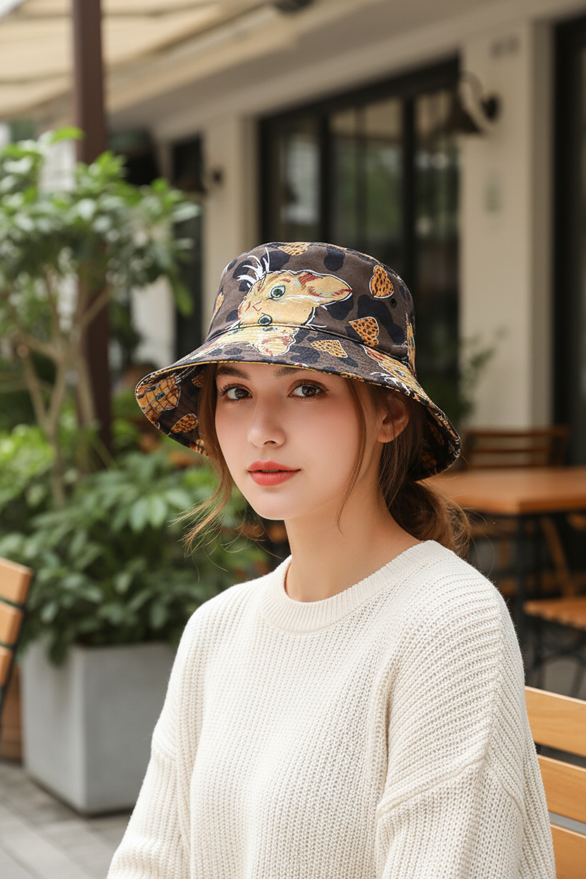 Cat Print Double-Sided Cotton Bucket Hat – Foldable, Unisex