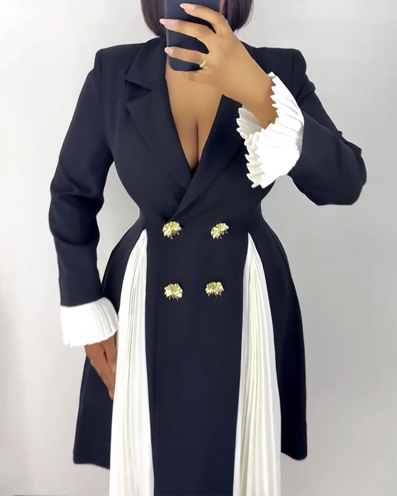 Colorblock Pleated Spliced Notched Collar Pleated Flared Cuff Double Breasted Blazer Dress Elegant Cinched Waist Flared Hem Commuting Dress