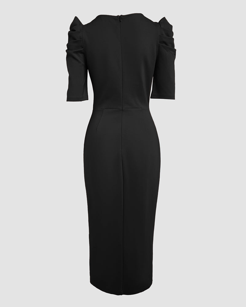 3D Flower Decor Round Neck Puff Sleeve Bodycon Dress Casual Ruched Slit Zipper Back Work Dress
