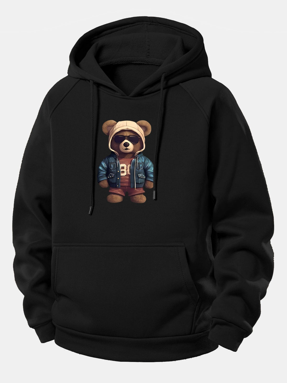 Sudadera con capucha y cordón con estampado de oso en chaqueta de cuero