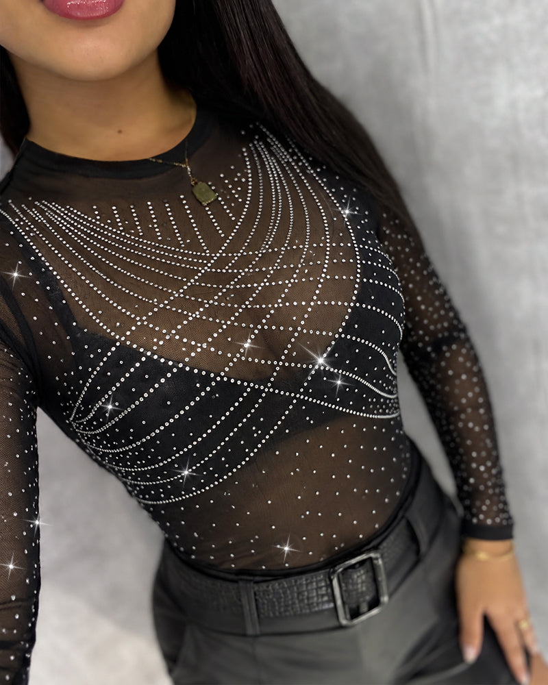 Women's Rhinestone Sheer Mesh Round Neck Long Sleeve Slim Fit Top