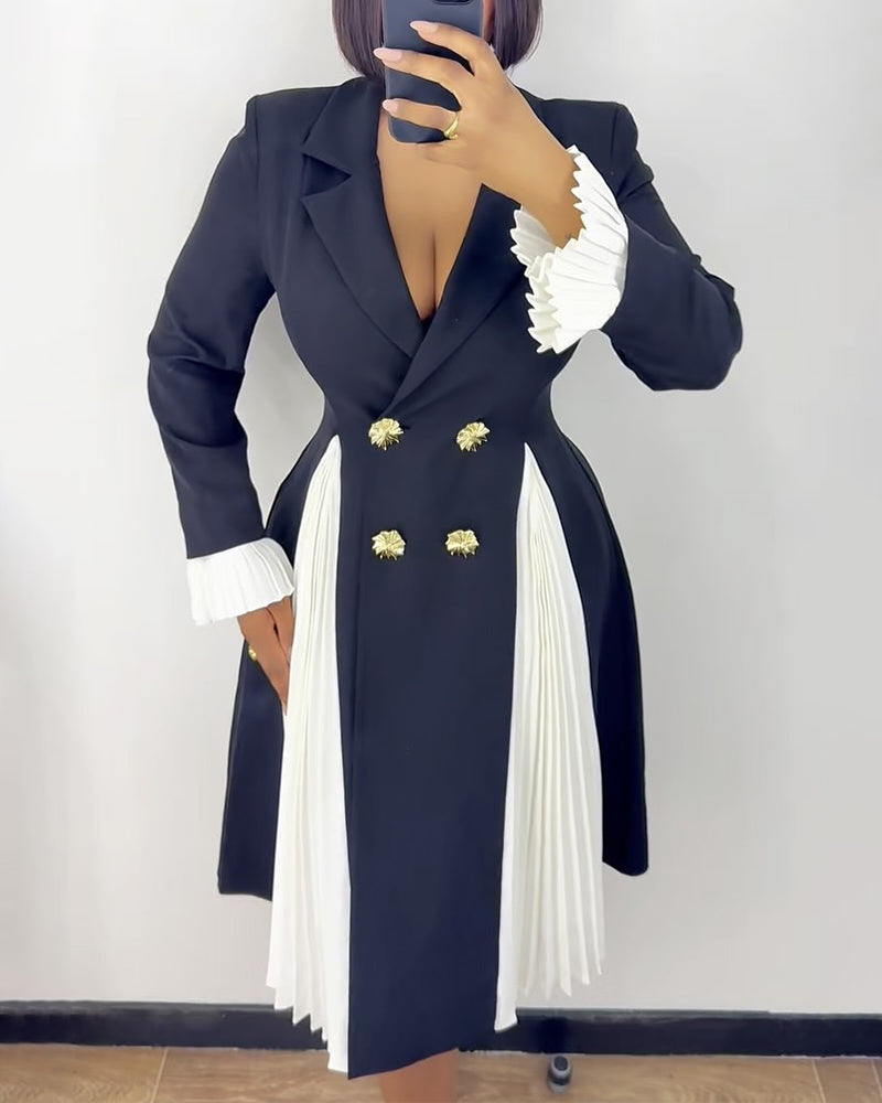 Colorblock Pleated Spliced Notched Collar Pleated Flared Cuff Double Breasted Blazer Dress Elegant Cinched Waist Flared Hem Commuting Dress