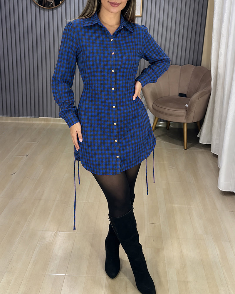 Women's Vintage Plaid Drawstring Long Sleeve Casual Dress Shirred Button Down Shirt Dress