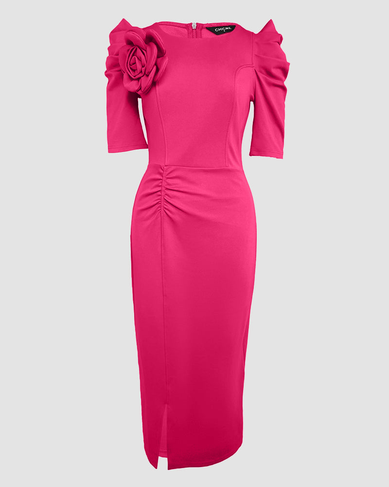 3D Flower Decor Round Neck Puff Sleeve Bodycon Dress Casual Ruched Slit Zipper Back Work Dress
