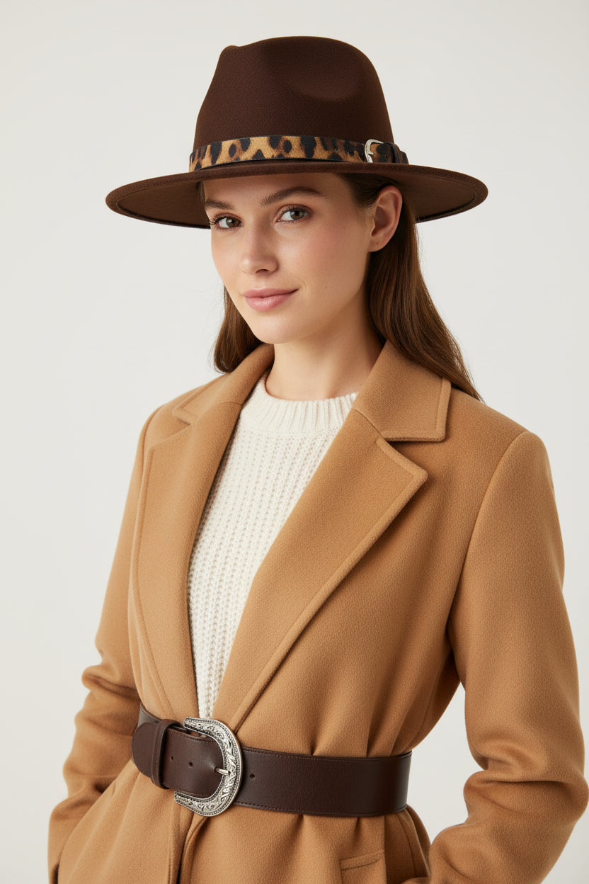 Calloway Felt Fedora Hat with Animal Print Band & Metal Buckle