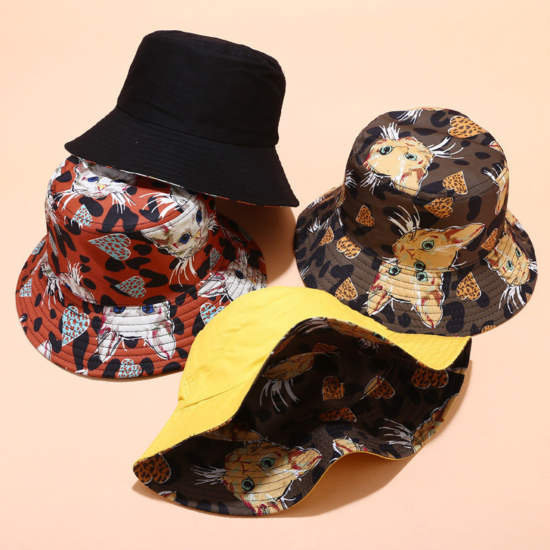 Cat Print Double-Sided Cotton Bucket Hat – Foldable, Unisex