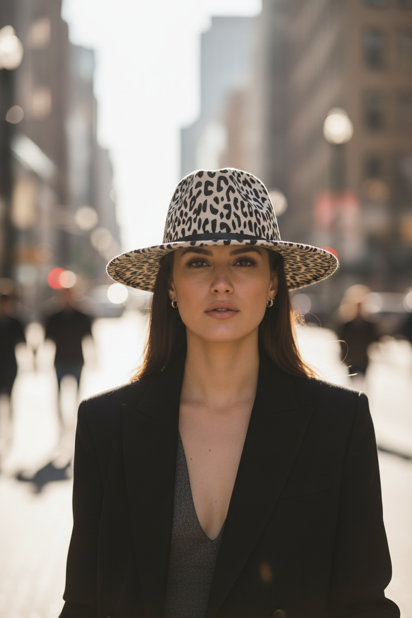 Austin Wool Felt Animal Print Fedora Hat, Adjustable