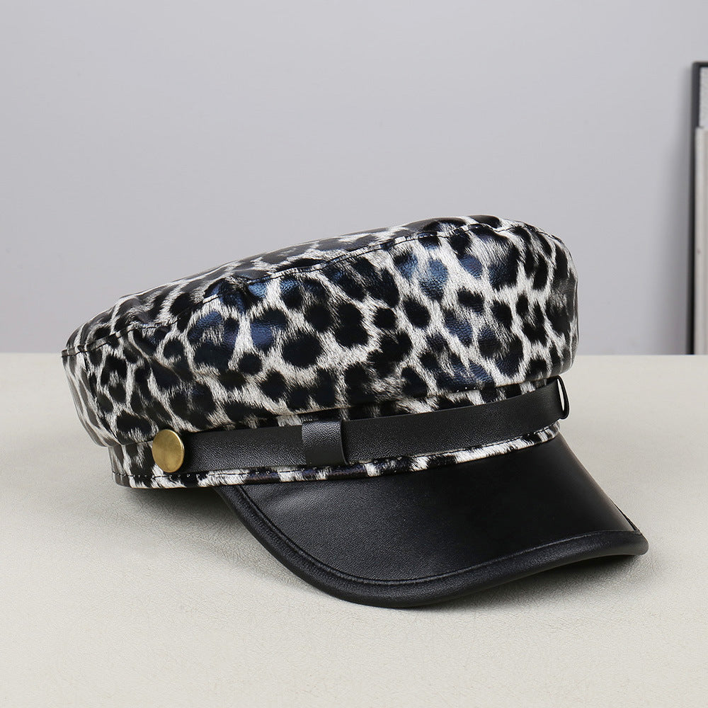 Finn Leopard Print Faux Leather Beret Hat
