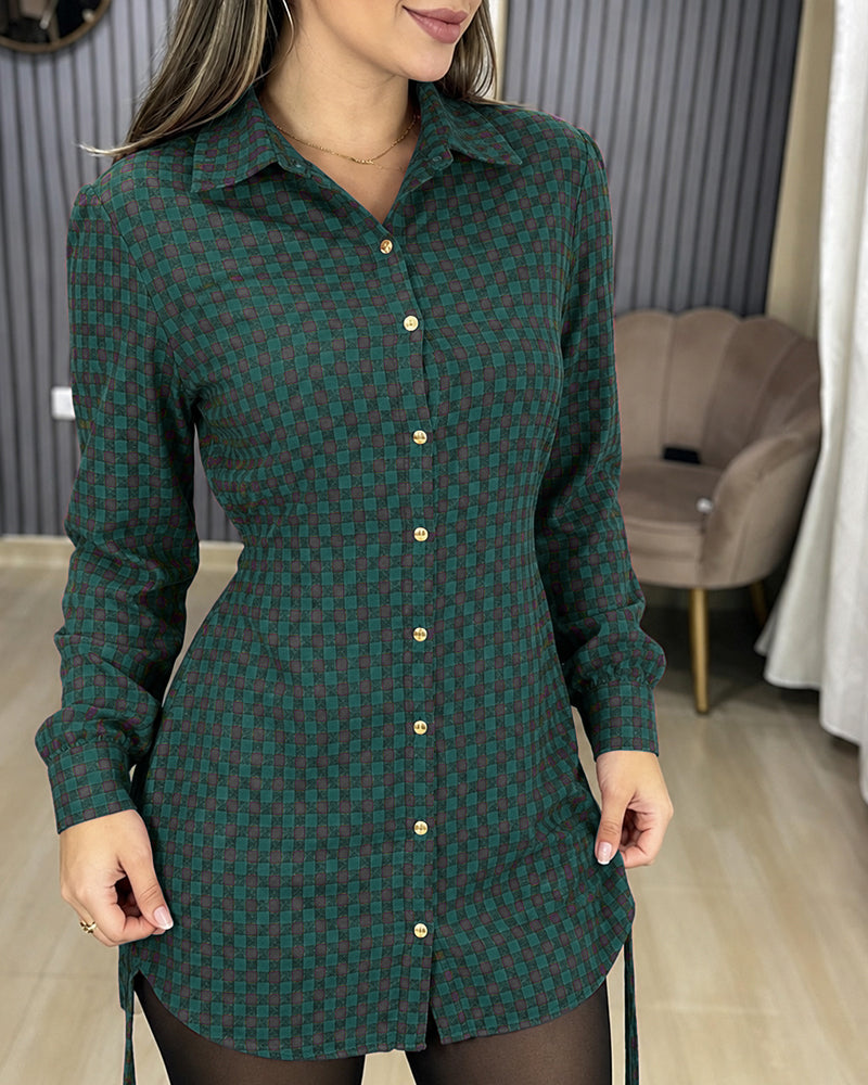 Women's Vintage Plaid Drawstring Long Sleeve Casual Dress Shirred Button Down Shirt Dress