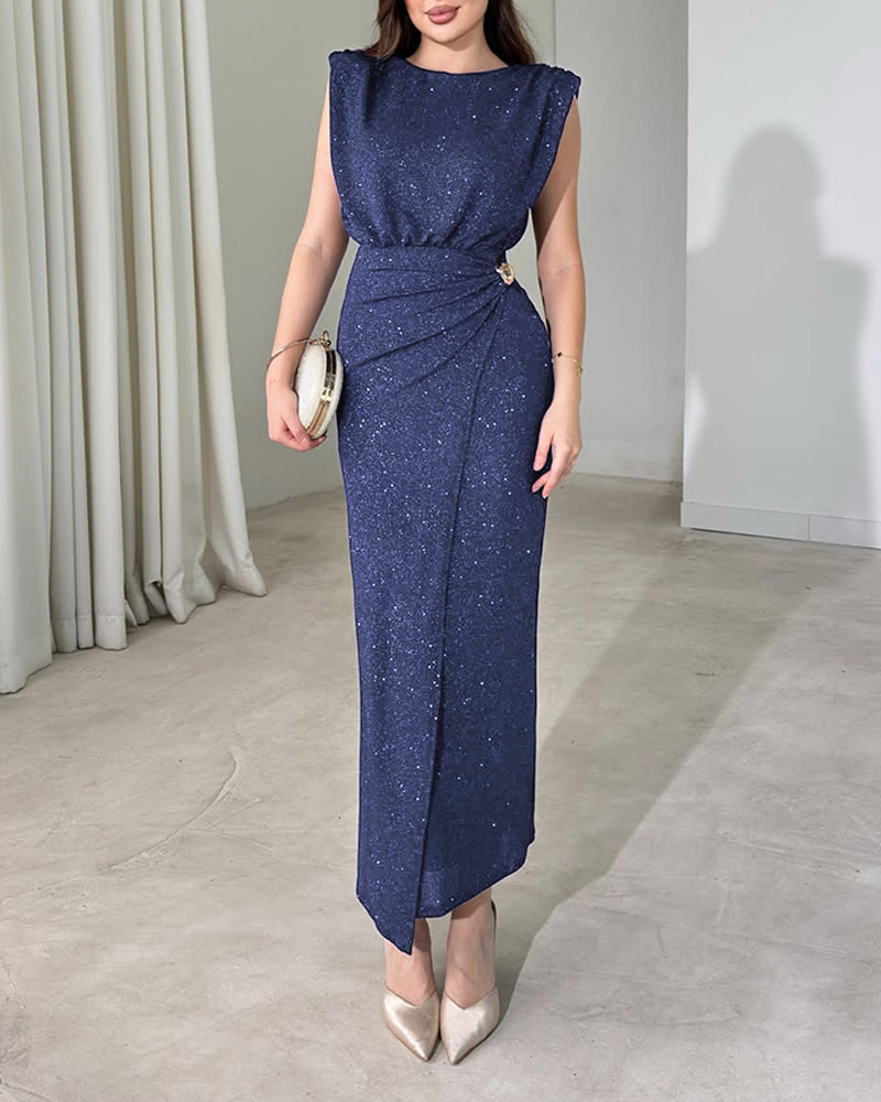 Women's Glitter Boat Neck Sleeveless Shoulder Pad Midi Dress Ruched Wrapped Slit Dress