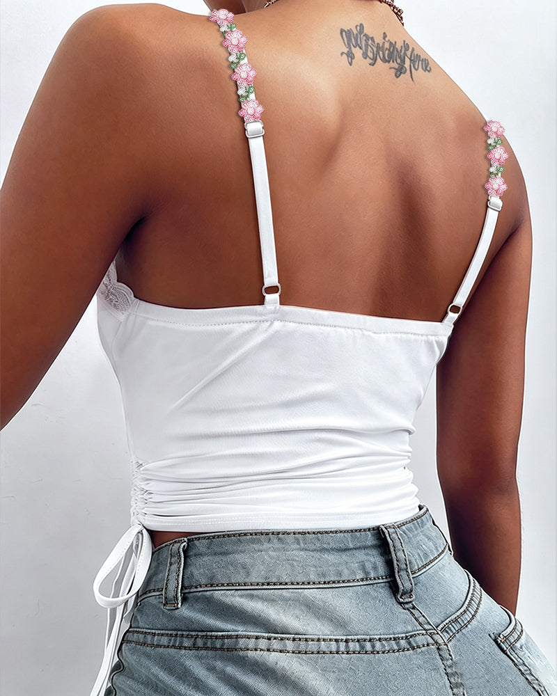 CHICME Women's Sleeveless Lace Cami Top Floral Straps Ruched Drawstring Side Backless Crop Top