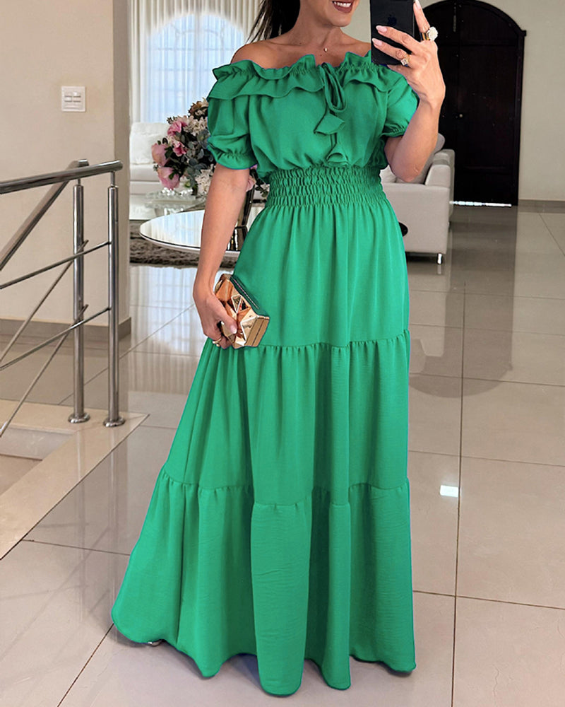 Off Shoulder Short Sleeve Frill Hem Lace Up Dress Casual Strechy Waist Flared Maxi Dress