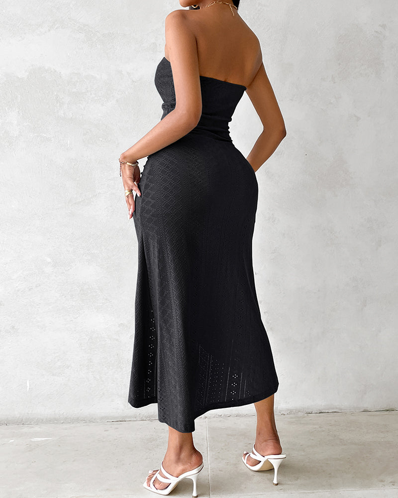 Sleeveless Ruched Cinched Waist Draped Bandeau Dress Eyelet Embroidery Slit Asymmetrical Hem Vacation Dress