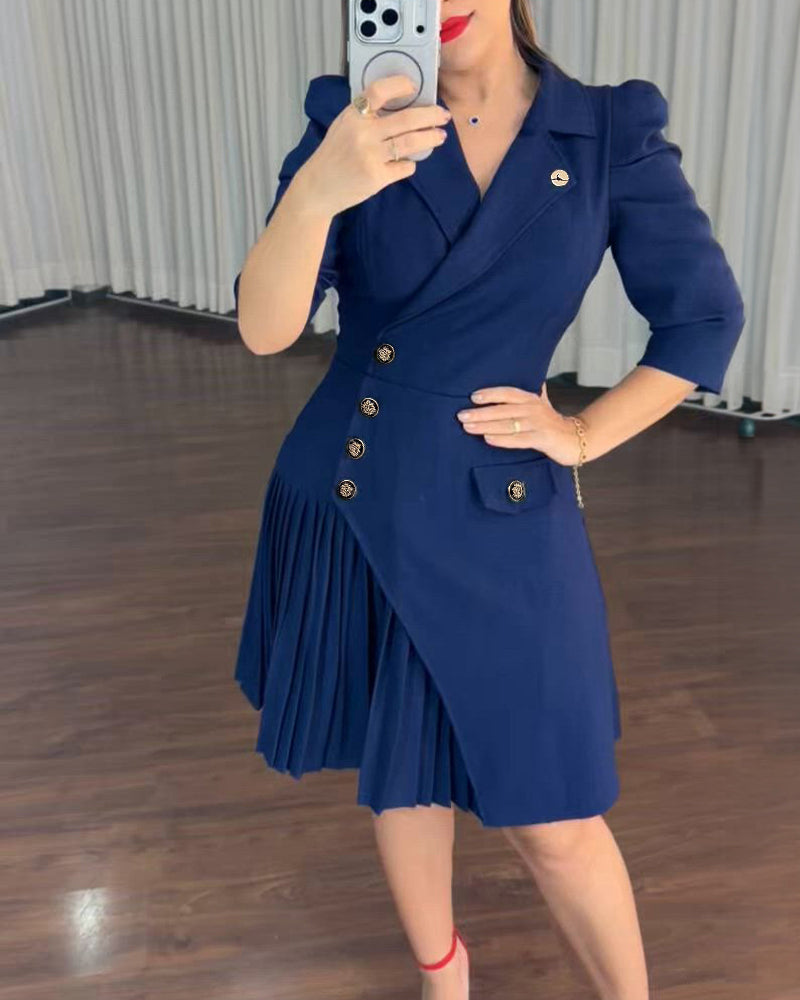 Women's Notch Lapel Blazer Dress Puff Sleeve Side Button Asymmetrical Pleated Hem A Line Work Dress