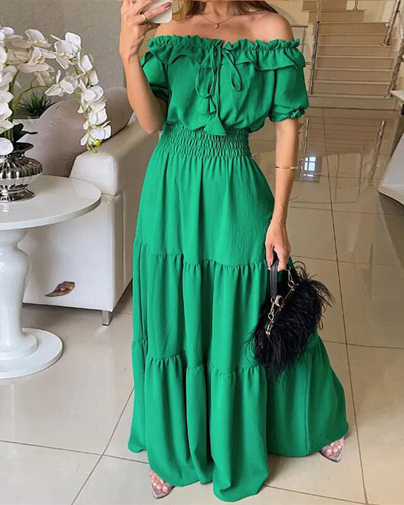 Off Shoulder Short Sleeve Frill Hem Lace Up Dress Casual Strechy Waist Flared Maxi Dress