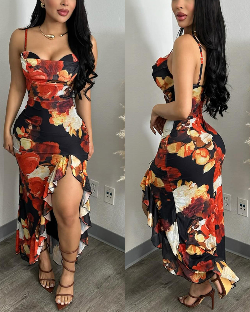 Women's Floral Print Mesh Dress Ruffle Hem High Slit Mermaid Cami Dress Sexy Sleeveless Bodycon Party Dress