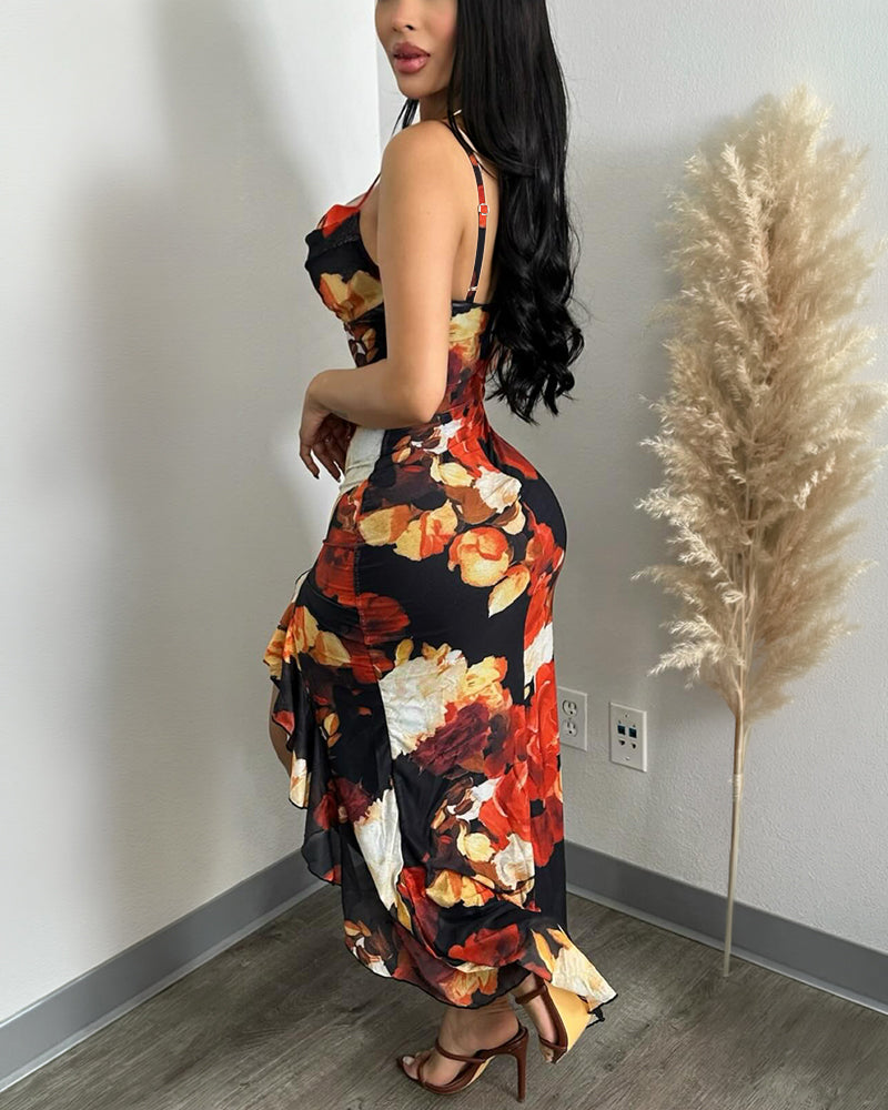 Women's Floral Print Mesh Dress Ruffle Hem High Slit Mermaid Cami Dress Sexy Sleeveless Bodycon Party Dress