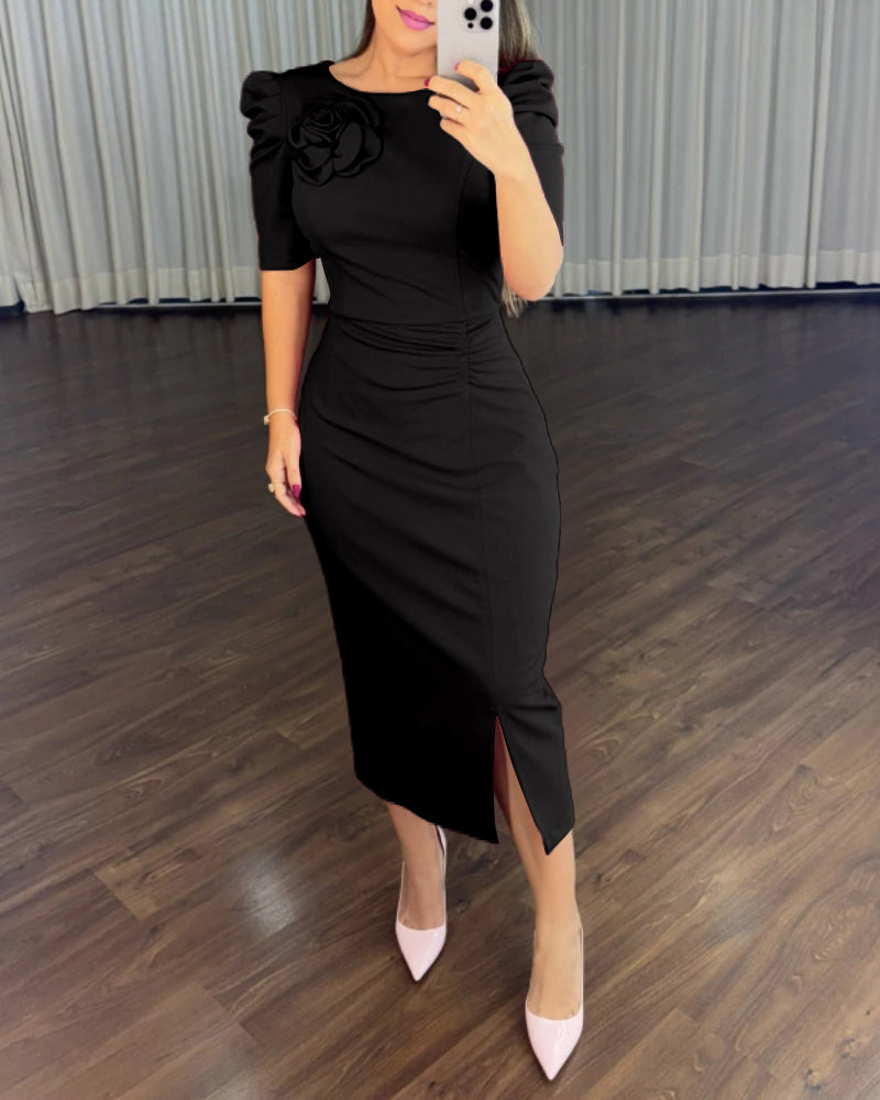 3D Flower Decor Round Neck Puff Sleeve Bodycon Dress Casual Ruched Slit Zipper Back Work Dress