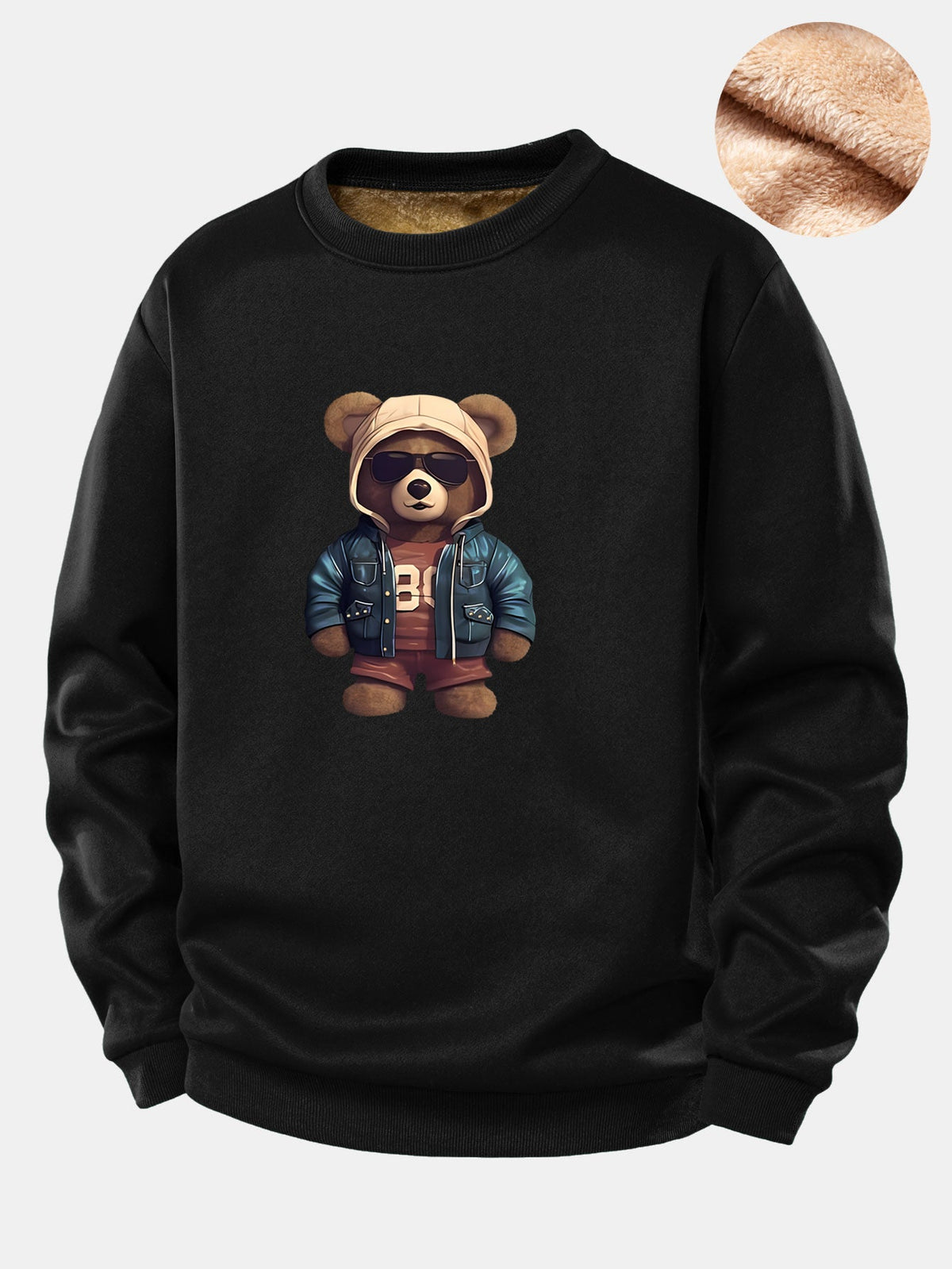 Bear In Leather Jacket Print Teddy Fleece Lined Sweatshirt