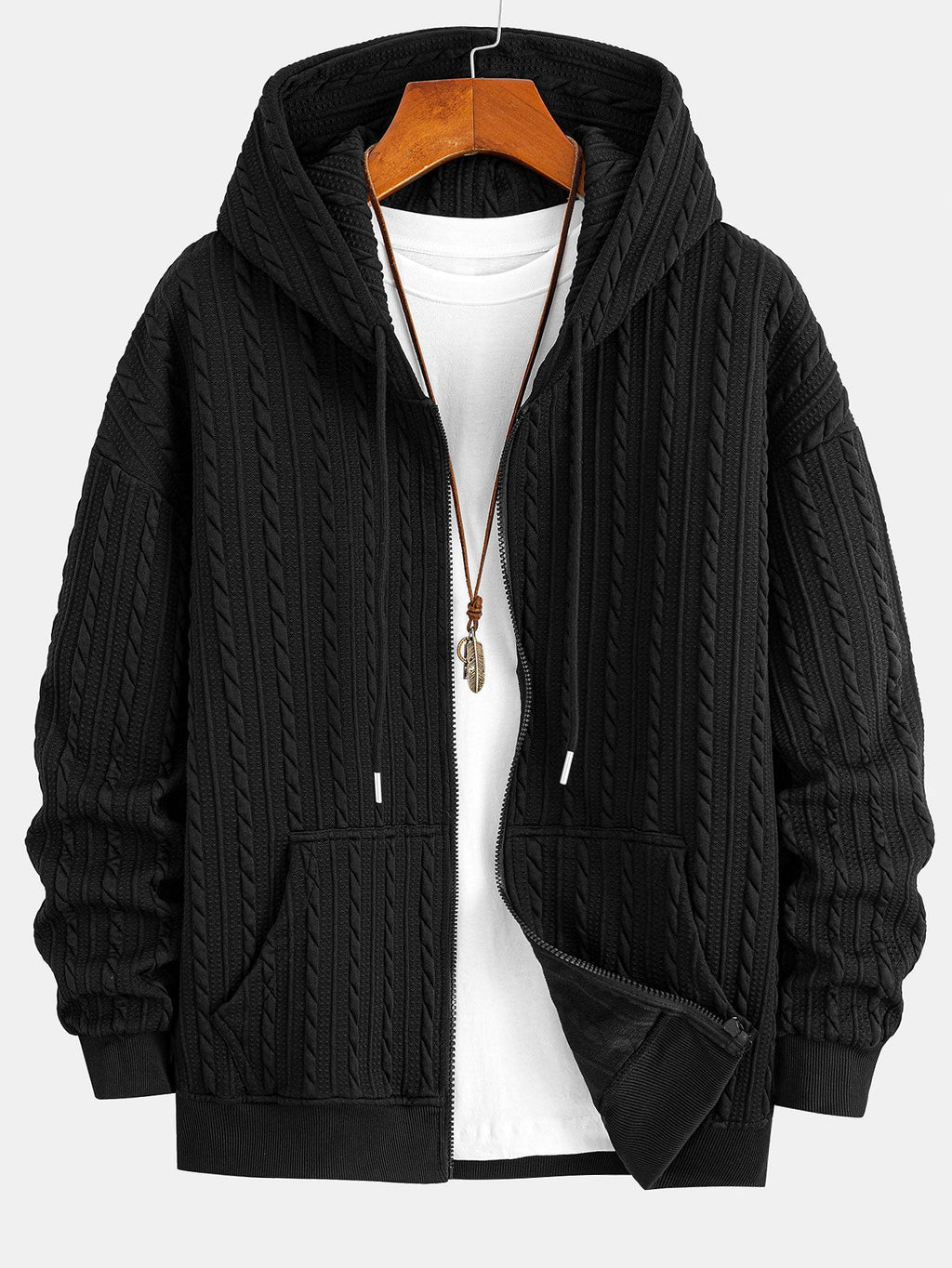 Sweat à capuche zippé en jacquard torsadé coupe décontractée