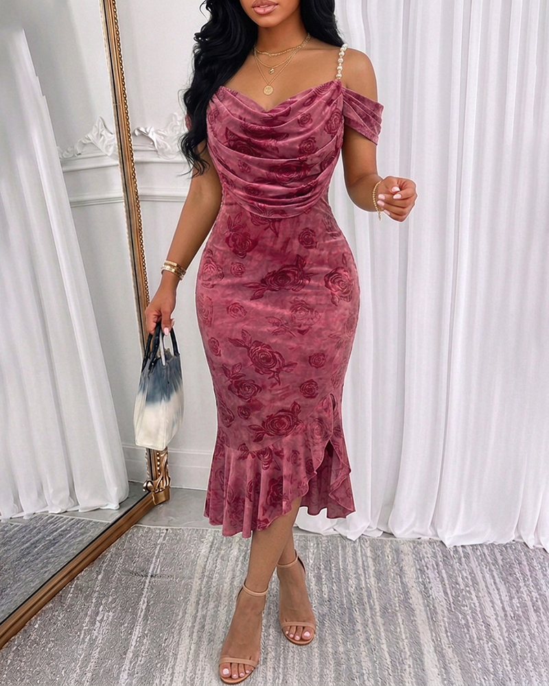 Women's Cold Shoulder Pearls Decor Strap Ruffle Midi Dress Cowl Neck Flocked Rose Slit Mermaid Bodycon Dress