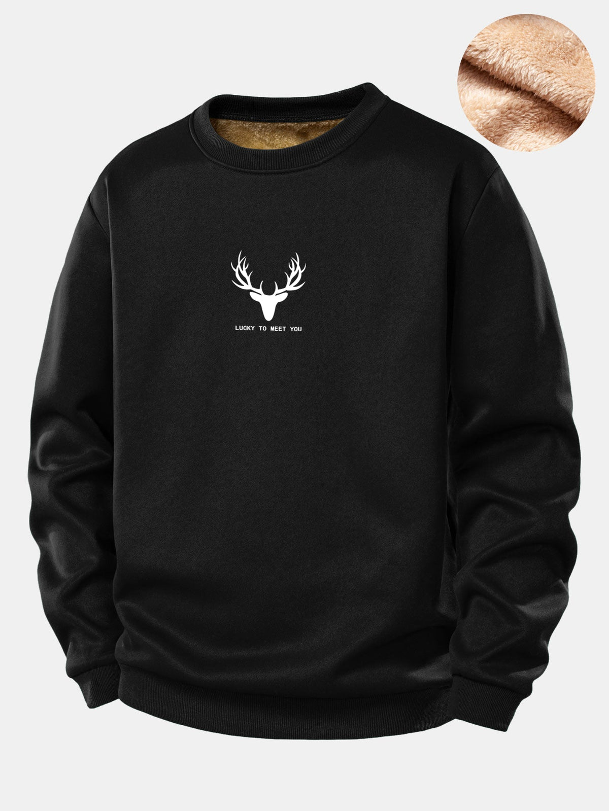 Silhouette Head Deer Print Teddy Fleece Lined Sweatshirt