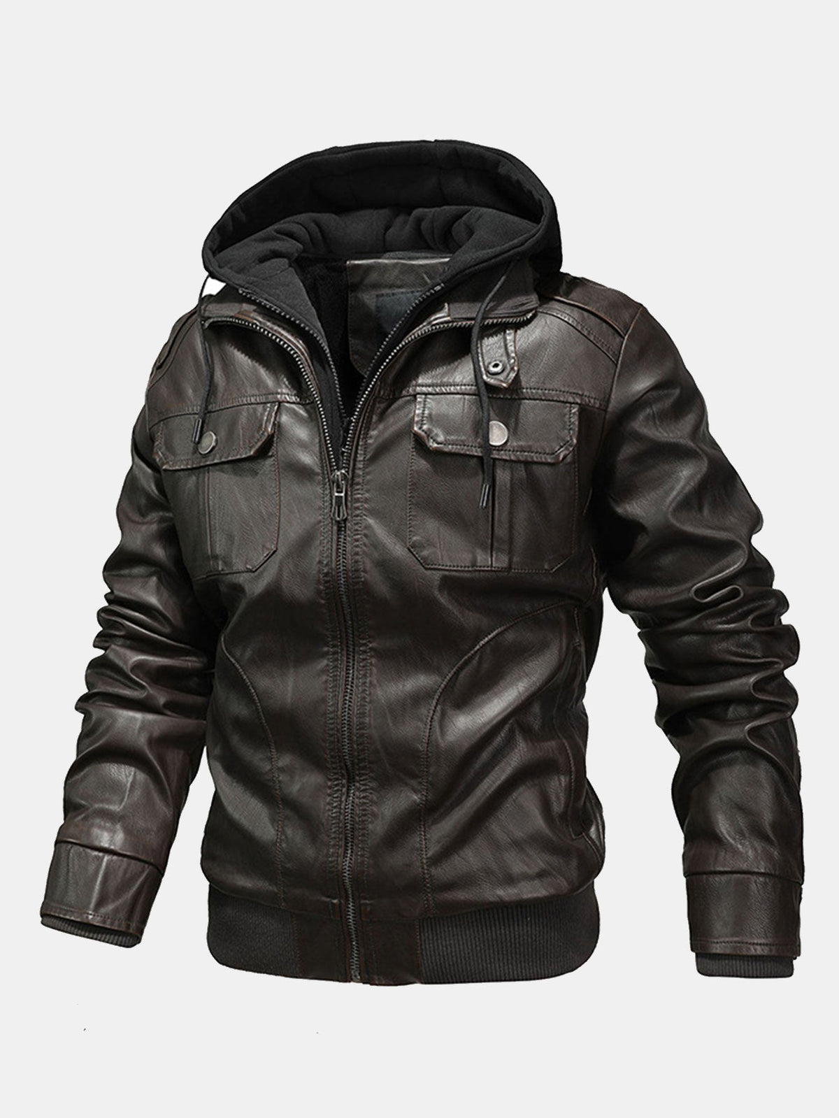 2 In 1 PU Leather Jacket With Detachable Hood