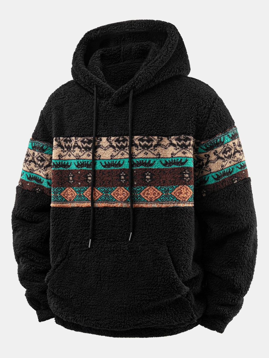 Relaxed Fit Ethnic Geometric Patchwork Teddy Hoodie