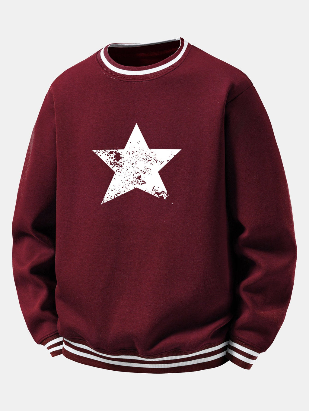 Star Print Striped Ribbed Trim Crew Neck Sweatshirt