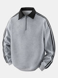 Stripe Waffle Zipper Polo Neck Sweatshirt