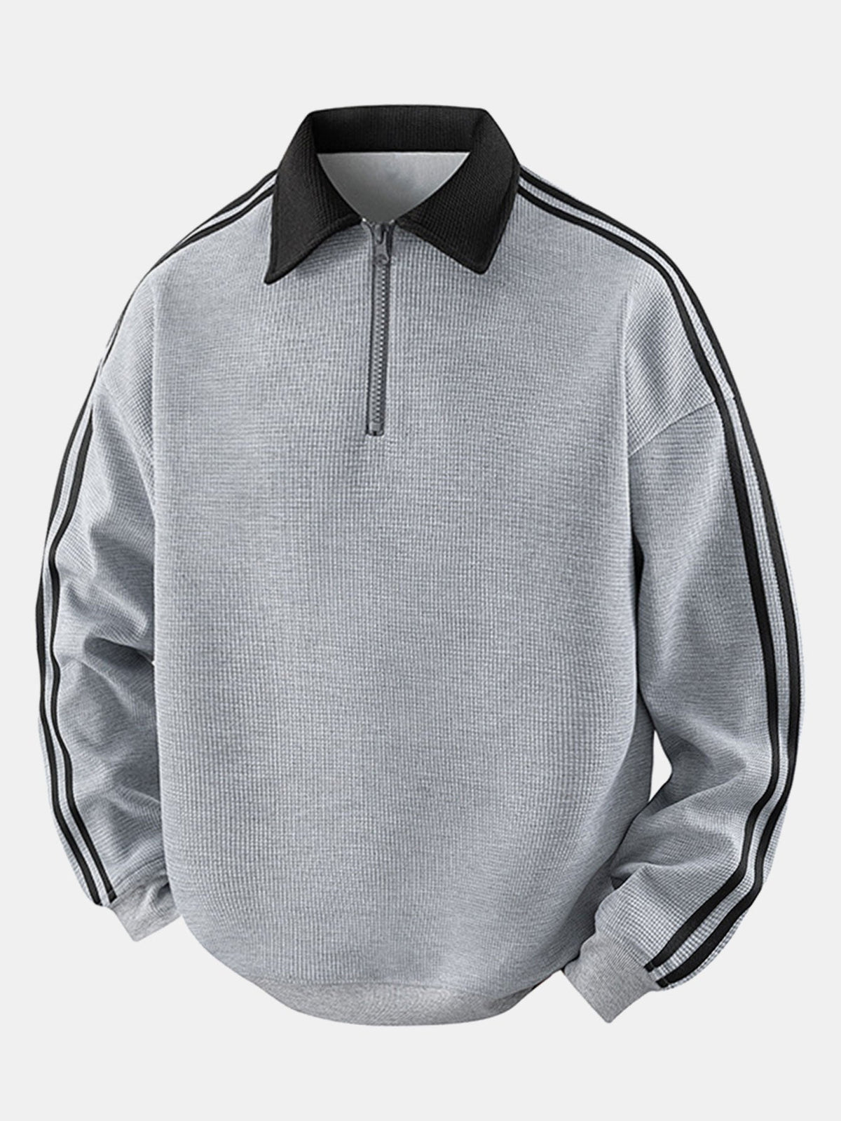 Stripe Waffle Zipper Polo Neck Sweatshirt