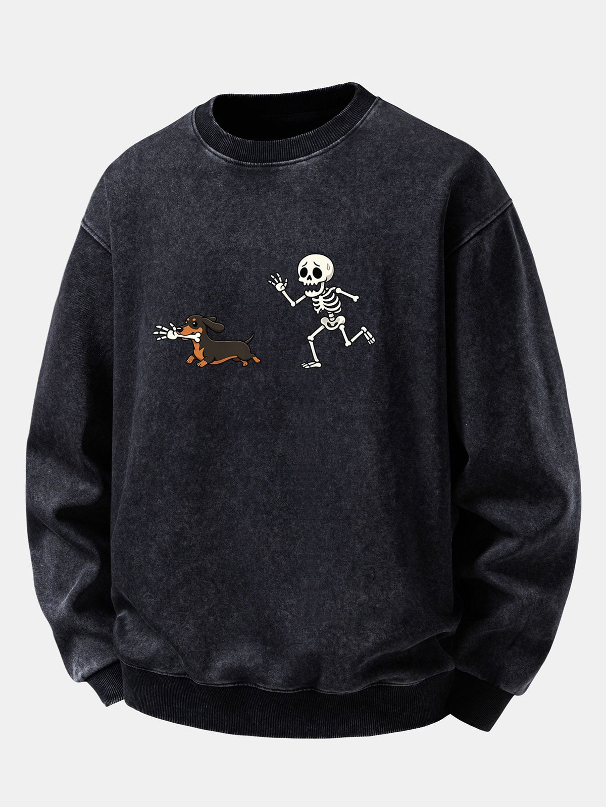 Relaxed Fit Skeleton Chasing Dachshund Print Washed Distressed Sweatshirt