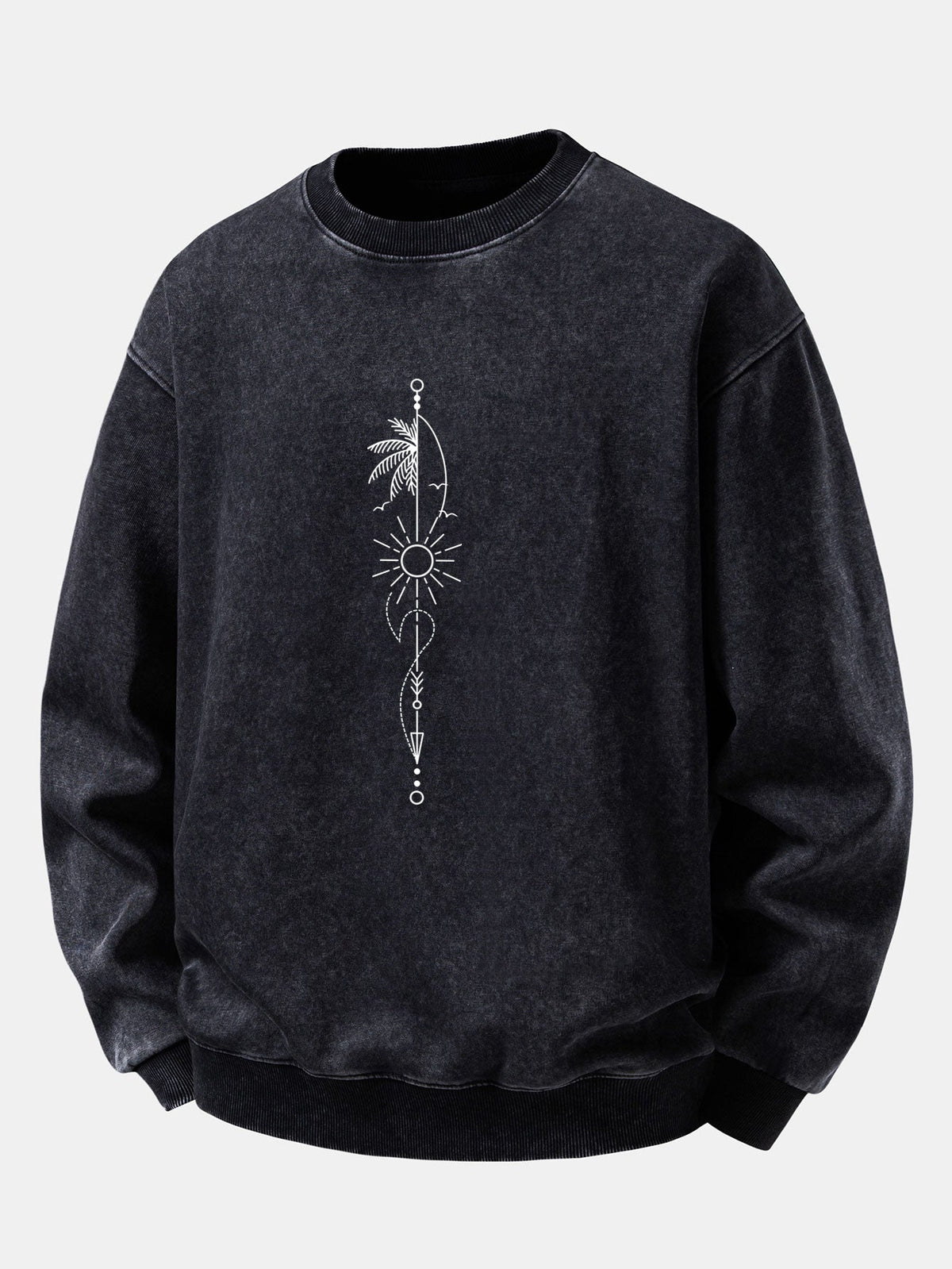 Relaxed Fit Sun Palm Tree Arrow Print Washed Distressed Sweatshirt