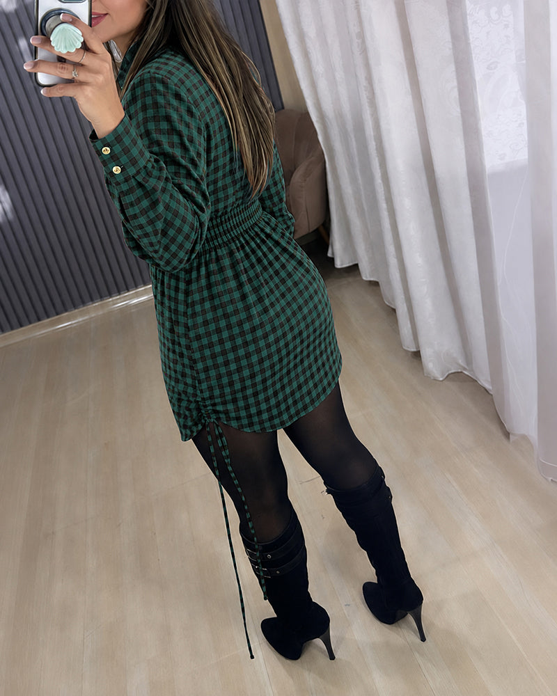 Women's Vintage Plaid Drawstring Long Sleeve Casual Dress Shirred Button Down Shirt Dress