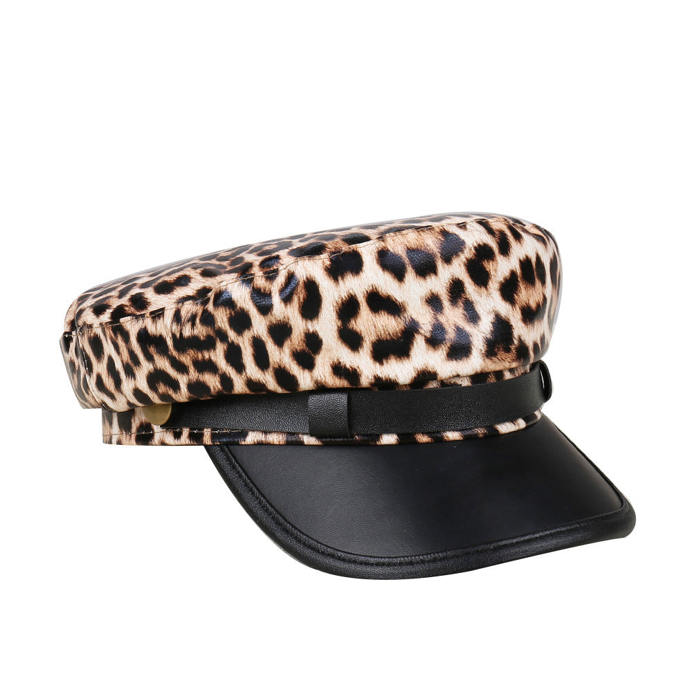 Finn Leopard Print Faux Leather Beret Hat