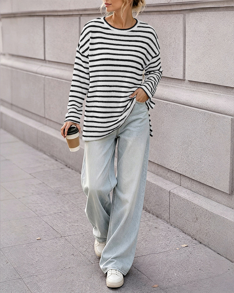 Women's Striped Textured Knit Long Sleeve T-Shirt Casual Side Slit Loose Fit Top