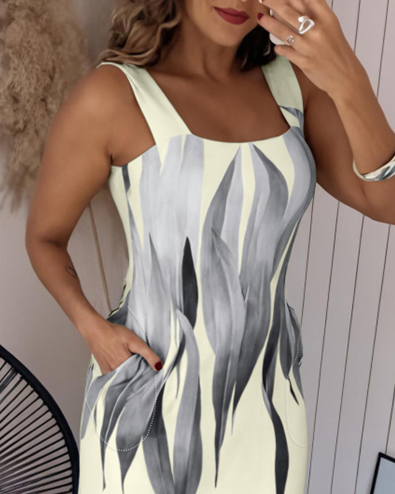 Plants Print Square Neck Thick Strap Maxi Dress Casual Slim Fit Side Slit Vacation Dress with Pockets