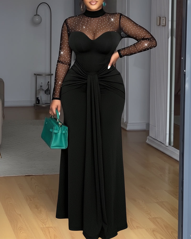 Rhinestone Decor Mock Neck Mesh Yoke Zipper Back Party Dress Cinched Waist Draped Mermaid Hem Maxi Evening Dress