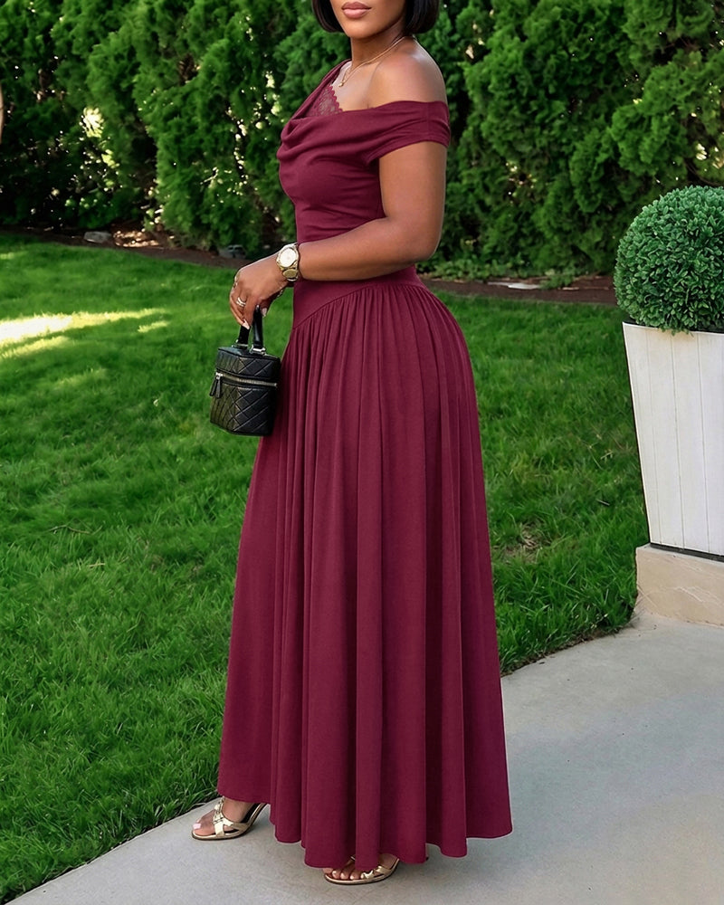 Women's Cowl Neck Lace Spliced Maxi Dress Skew Neck Ruched A Line Dress