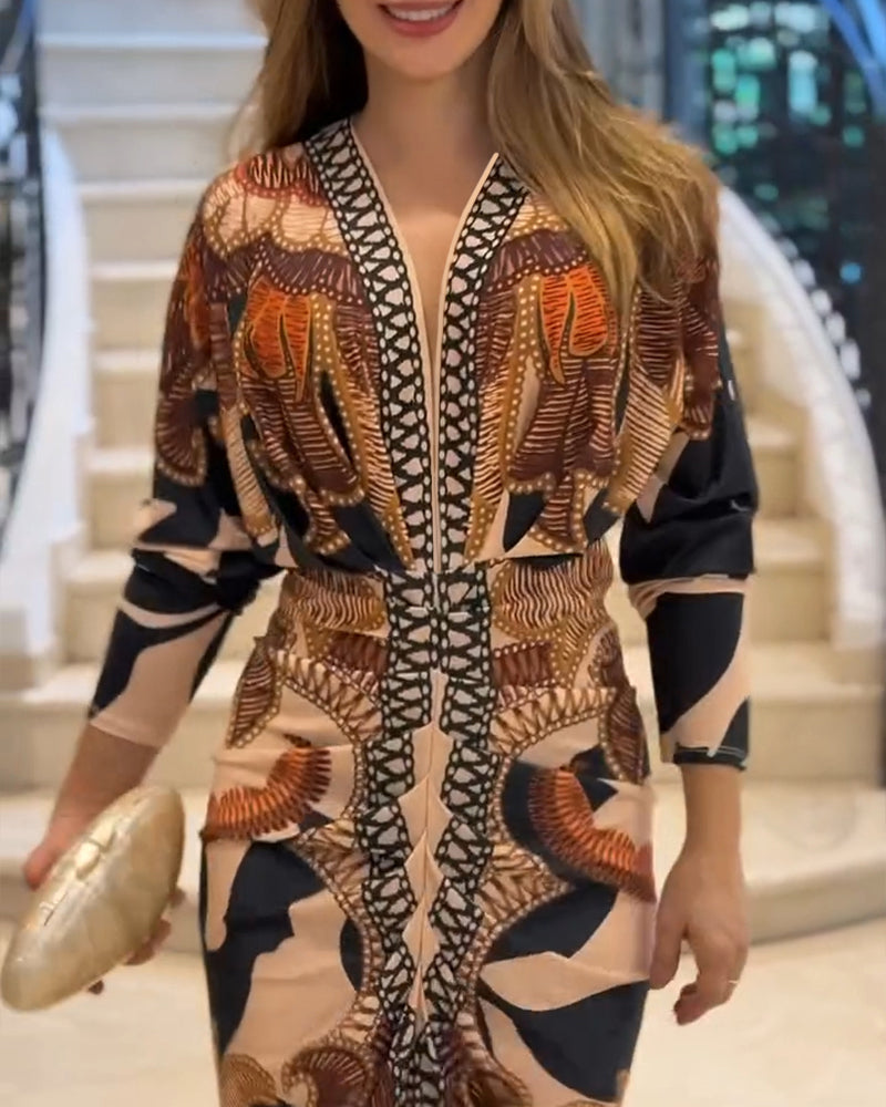 Vintage Baroque Deep V Neck Long Sleeve Slit Bodycon Dress Ruched Slim Fit Vacation Dress
