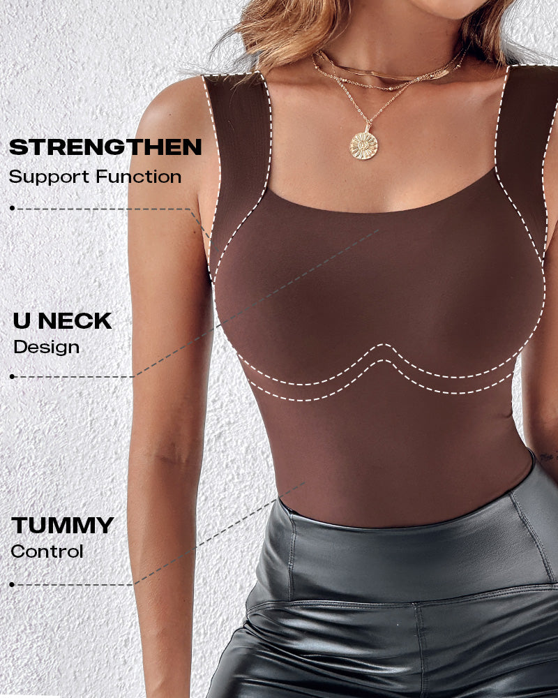 U-Neck Sleeveless Tank Seamless Skinny Layering Top with Built-In Bra