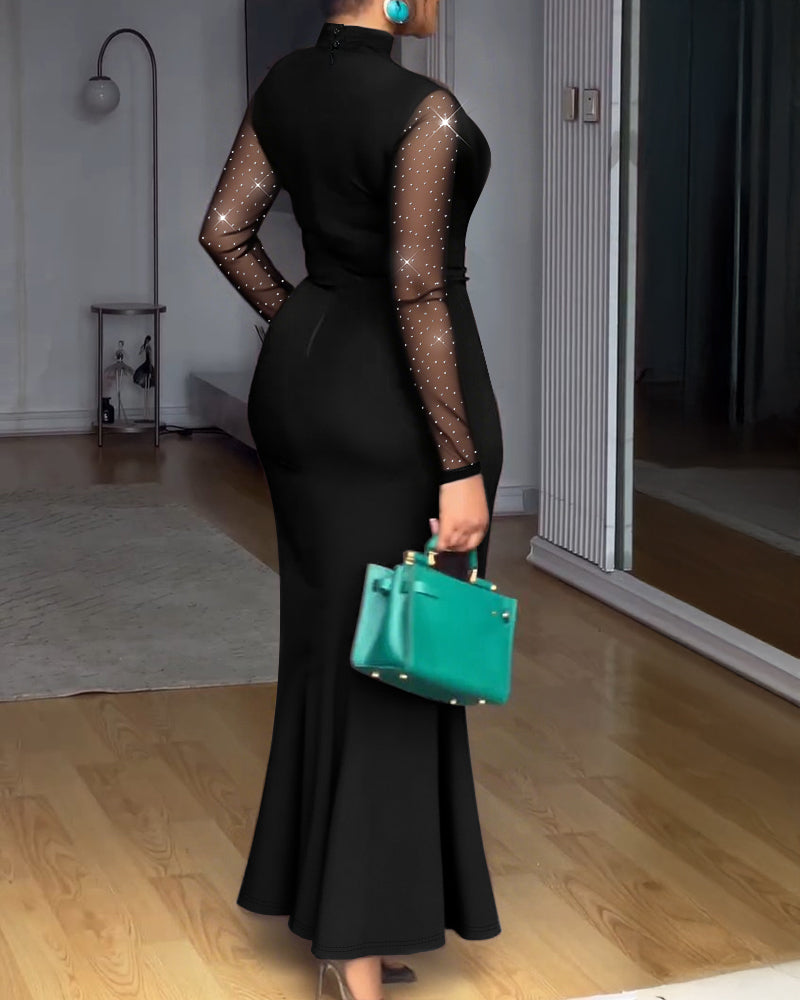 Rhinestone Decor Mock Neck Mesh Yoke Zipper Back Party Dress Cinched Waist Draped Mermaid Hem Maxi Evening Dress