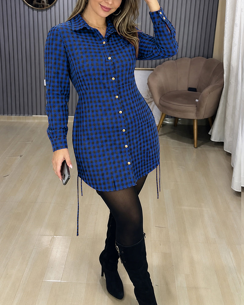 Women's Vintage Plaid Drawstring Long Sleeve Casual Dress Shirred Button Down Shirt Dress