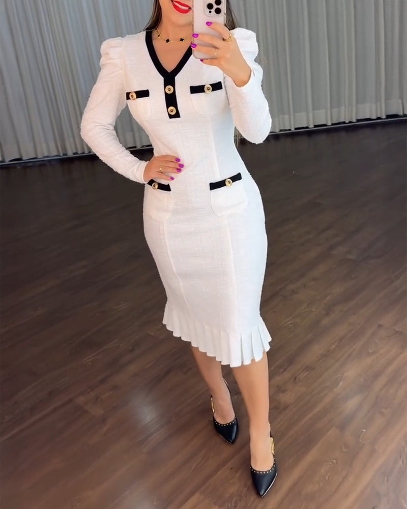 Button Decor Contrast Paneled V-Neck Puff Sleeve Zipper Back Commuting Dress Pockets Design Pleated Hem Tweed Dress