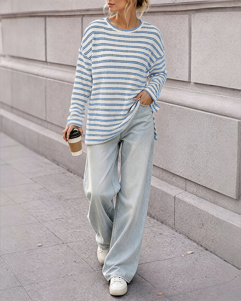 Women's Striped Textured Knit Long Sleeve T-Shirt Casual Side Slit Loose Fit Top